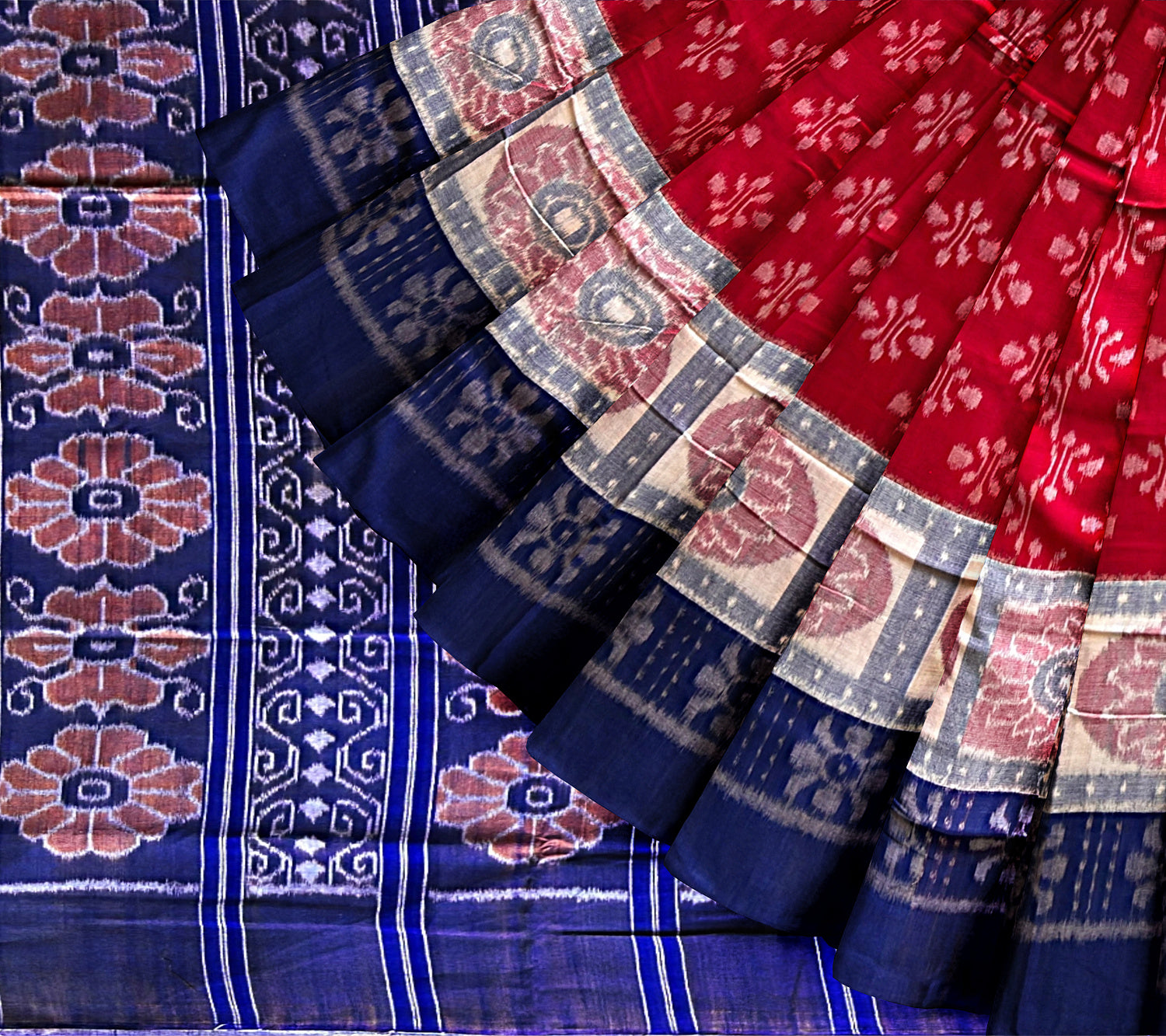 Red and Blue Handloom Cotton Sambalpuri Saree
