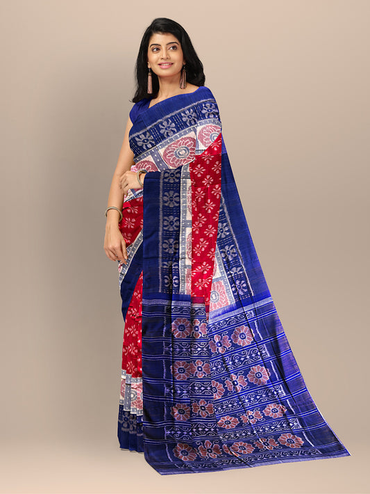 Red and Blue Handloom Cotton Sambalpuri Saree