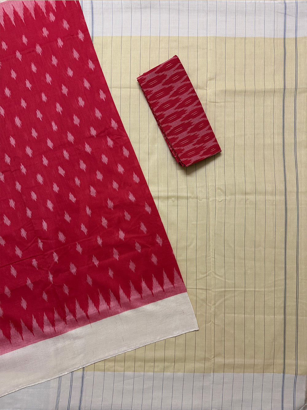 Red and Cream Pochampally Mercerised Cotton Handloom Saree in Ikkat Pattern