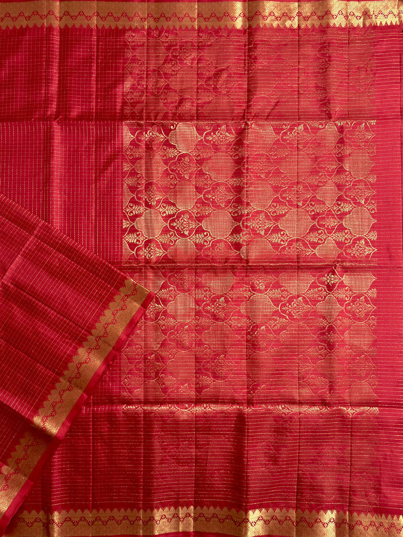 Red and Golden Small Square Pattern Pure Silk Kanjivaram Handloom Saree