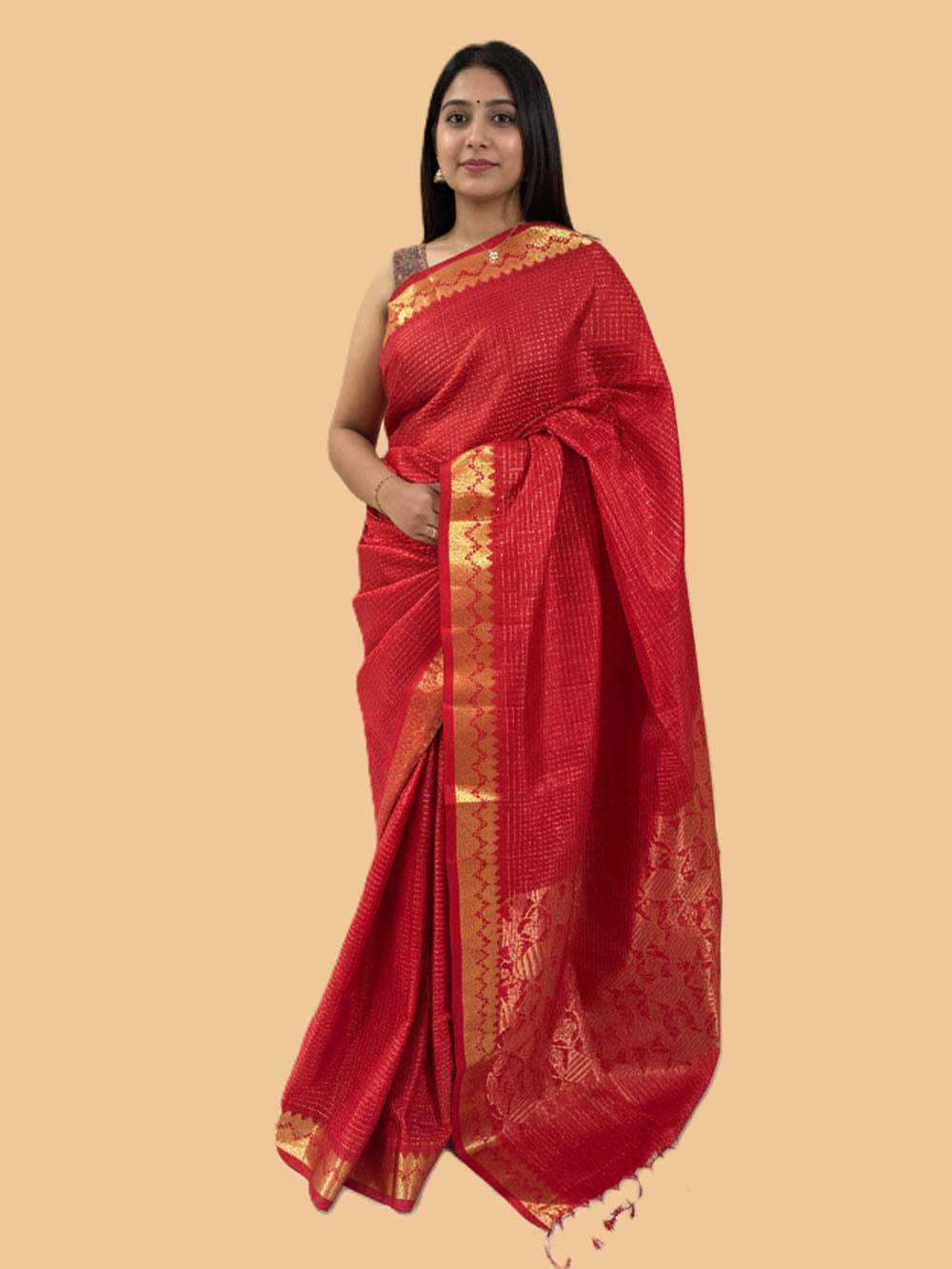 Red and Golden Small Square Pattern Pure Silk Kanjivaram Handloom Saree