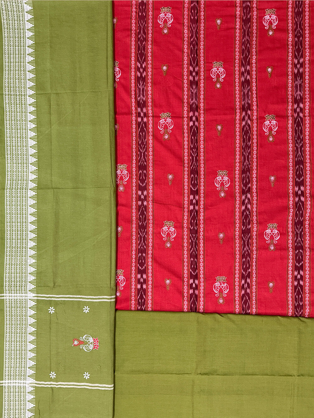 Red and Green Nuapatna Handloom Cotton Dress Material