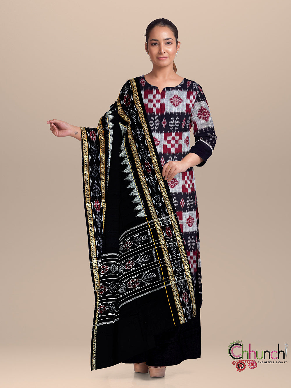 Red and Black Sambalpuri Cotton Dress Material in Pasapalli Design