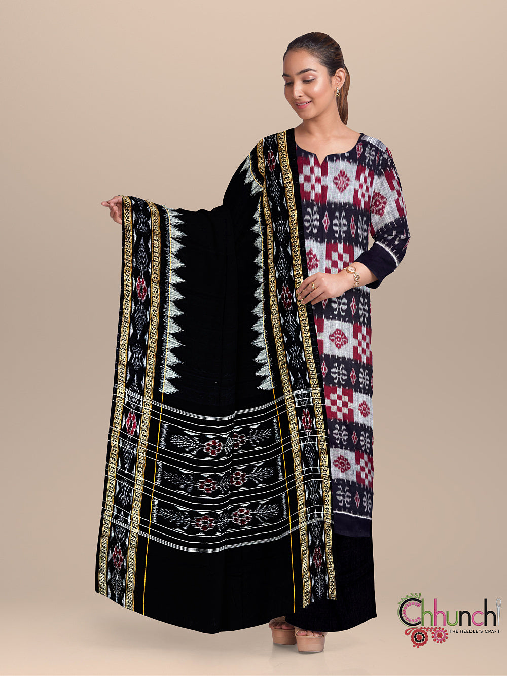 Red and Black Sambalpuri Cotton Dress Material in Pasapalli Design
