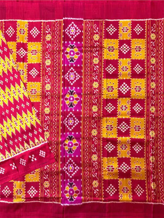 Red and Yellow Pure Silk Handloom Khandua Patta Saree