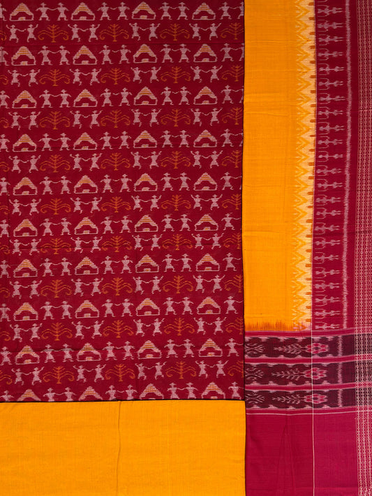 Red and Yellow Tribal Pattern Sambalpuri Handloom Cotton Dress Material