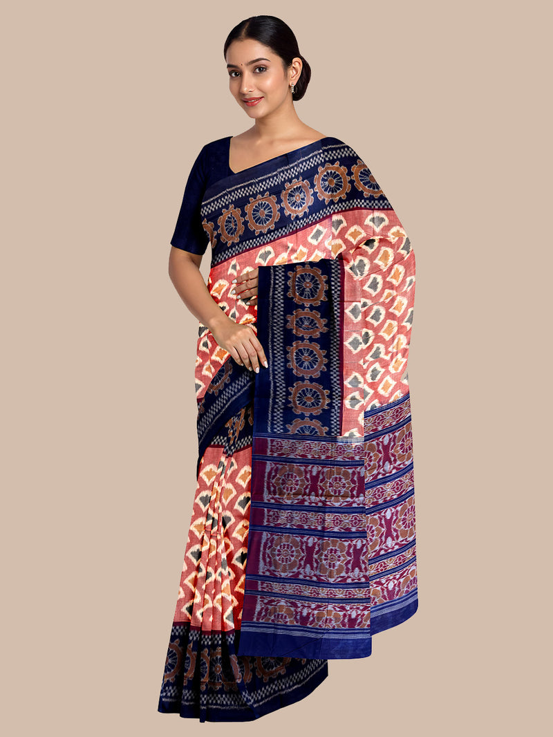 Rose Pink and Navy Blue with Chakra Motifs Handloom Cotton Sambalpuri Saree