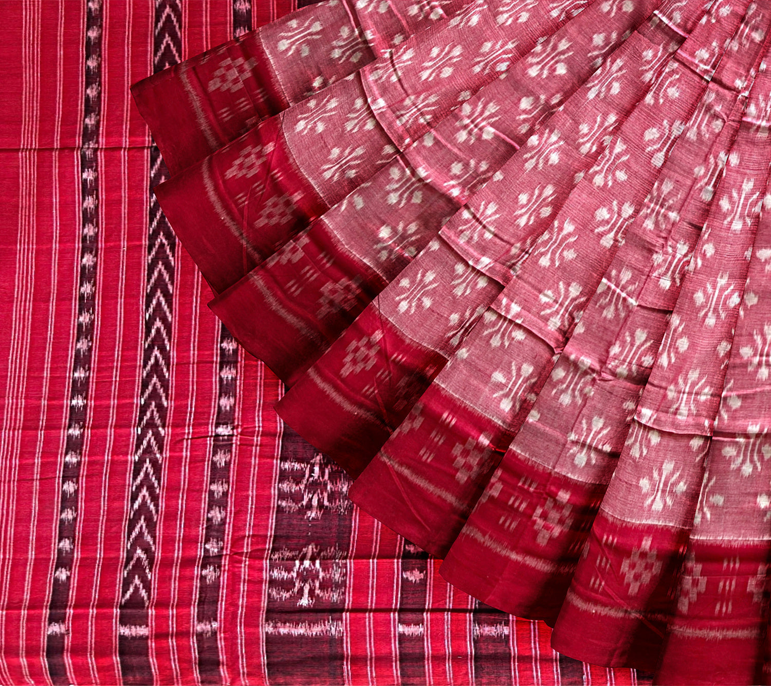 Rose Pink and Red Handloom Cotton Sambalpuri Saree