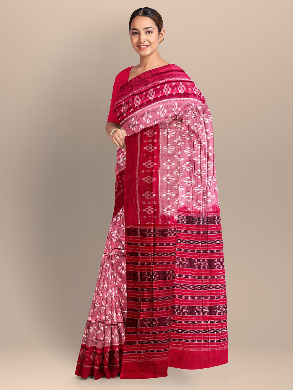 Rose Pink and Red Handloom Cotton Sambalpuri Saree