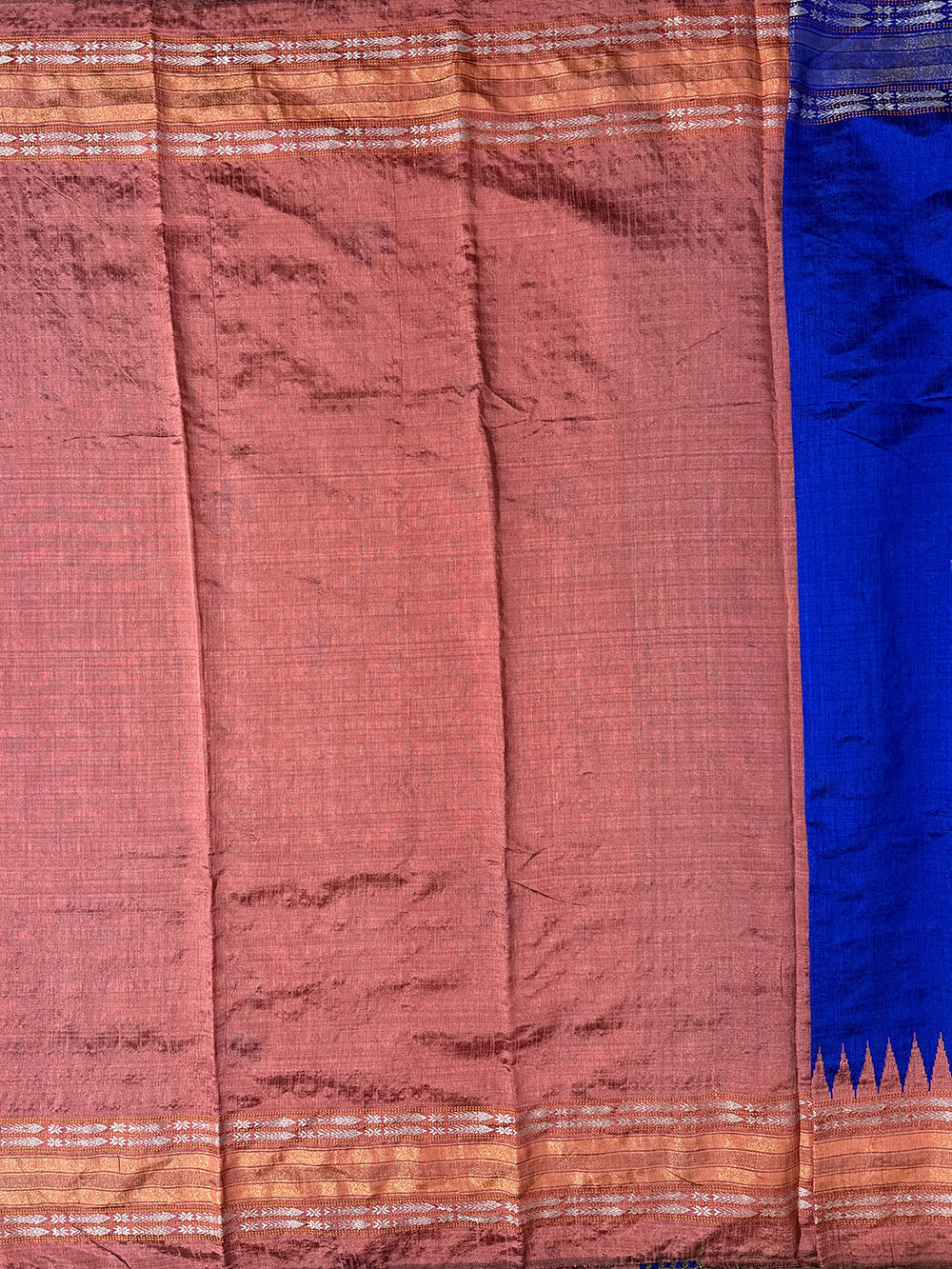 Royal Blue Pure Raw Silk Handloom Saree with Yellow and Peach Border