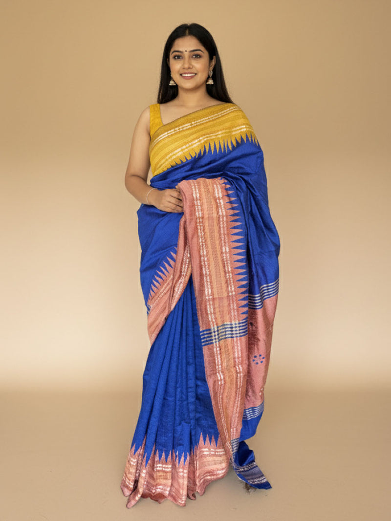Royal Blue Pure Raw Silk Handloom Saree with Yellow and Peach Border