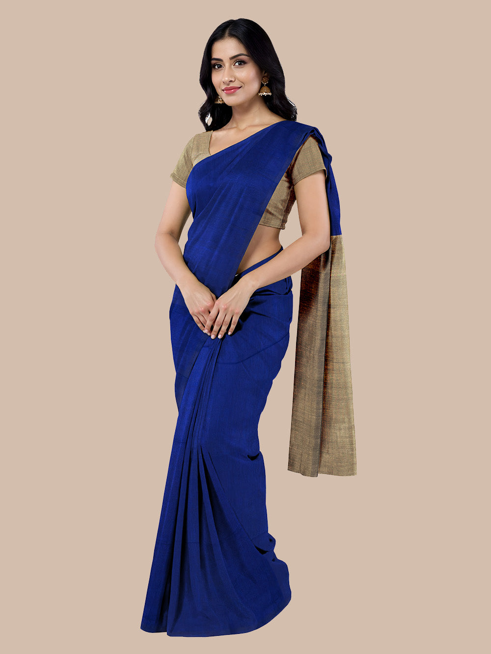 Royal Blue and Beige Khadi Cotton Handloom Saree