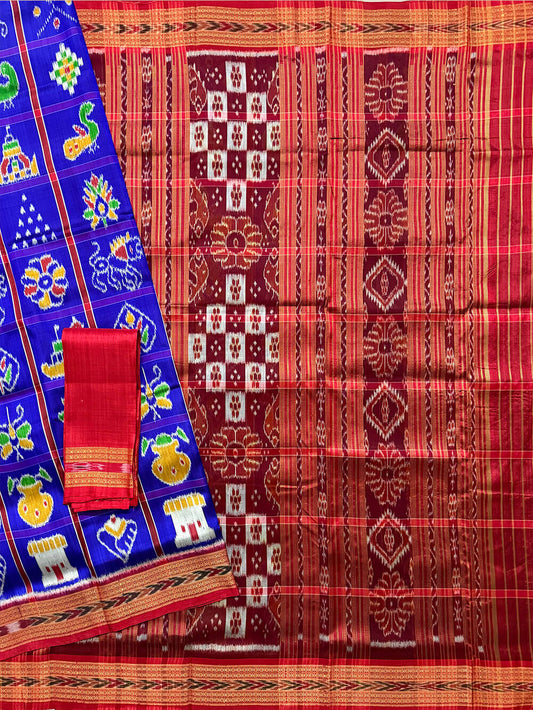 Royal Blue and Red Nabakothi Pure Silk Handloom Khandua Patta Saree