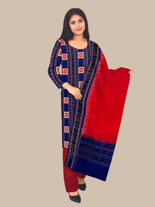 Royal Blue and Red Pasapalli Pattern Sambalpuri Handloom Cotton Dress Material
