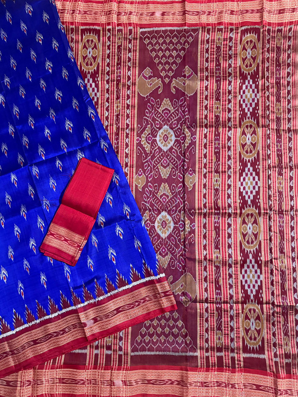 Royal Blue and Red Pure Silk Handloom Khandua Patta Saree