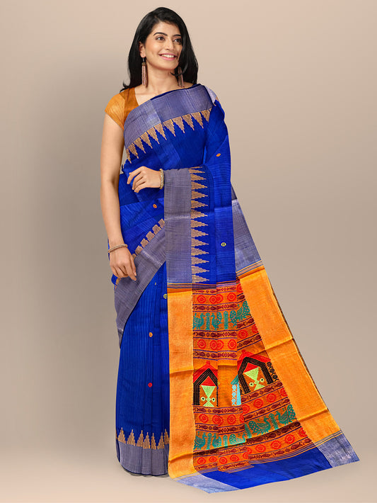 Royal Blue and Orange Raw Silk Handloom Saree