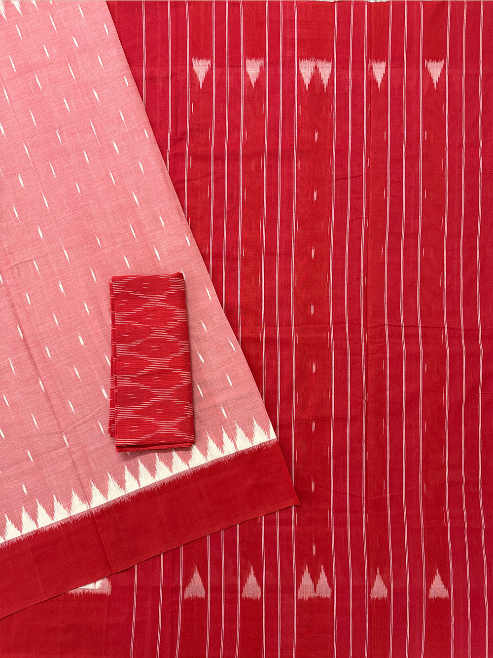 Salmon Pink and Red Pochampally Mercerised Cotton Handloom Saree in Ikkat Pattern