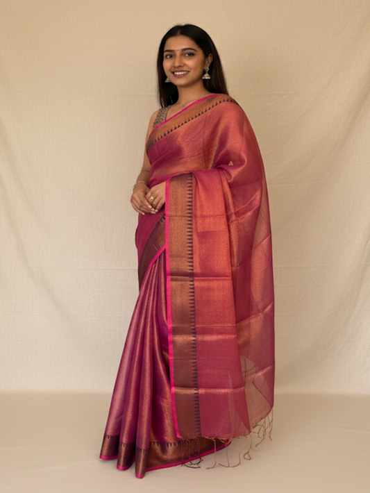 Metallic Pink Handloom Cotton Tissue Saree