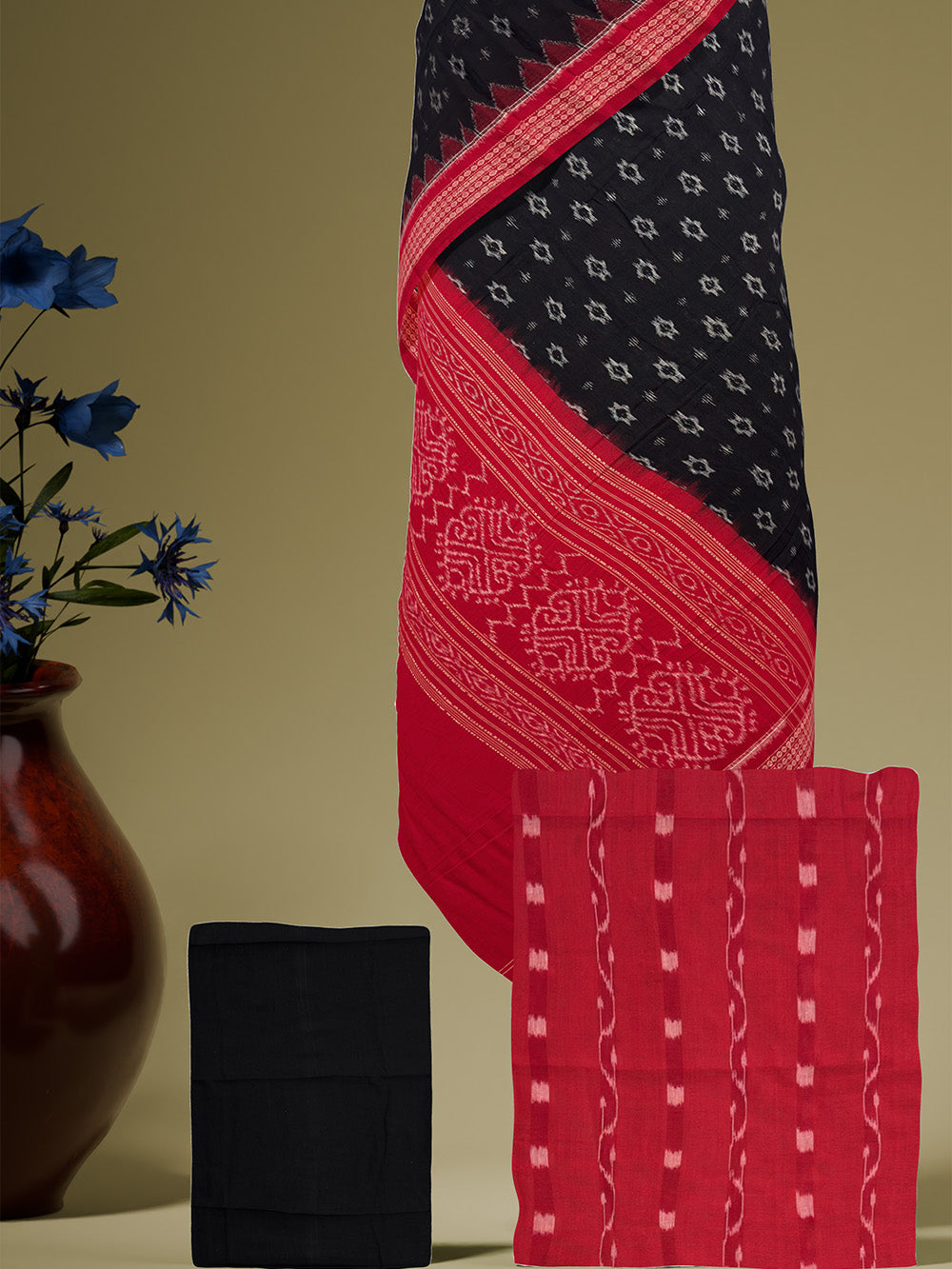 Scarlet Red and Black Sambalpuri Handloom Cotton Dress Material