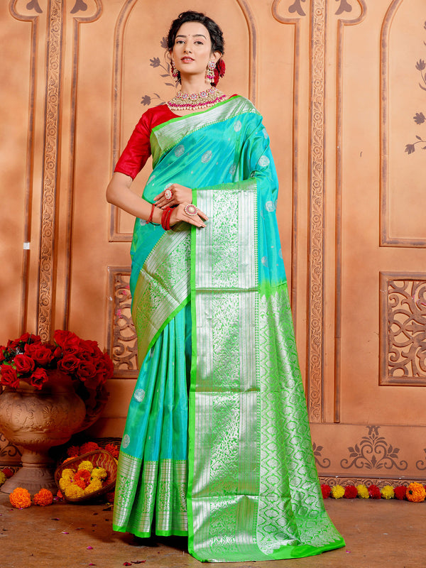 Sea Green & Lime green Venkatagiri Pure Silk Handloom Saree