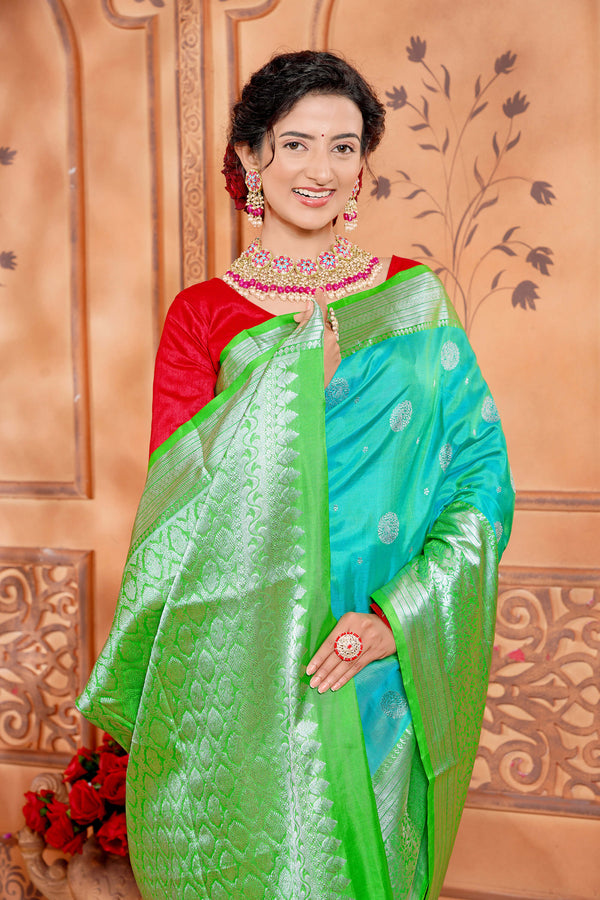 Sea Green & Lime green Venkatagiri Pure Silk Handloom Saree