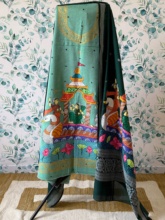 Sea green Boita Theme Hand Painted Pattachitra Dress Material