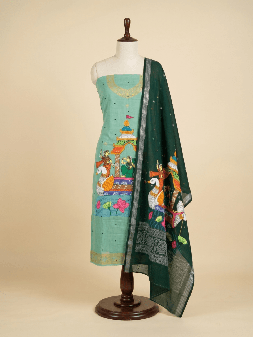 Sea green Boita Theme Hand Painted Pattachitra Dress Material