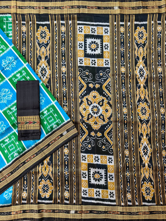 Sky Blue and Green Pure Silk Handloom Khandua Patta Saree with Swastik Design