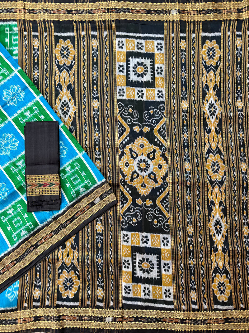 Sky Blue and Green Pure Silk Handloom Khandua Patta Saree with Swastik Design