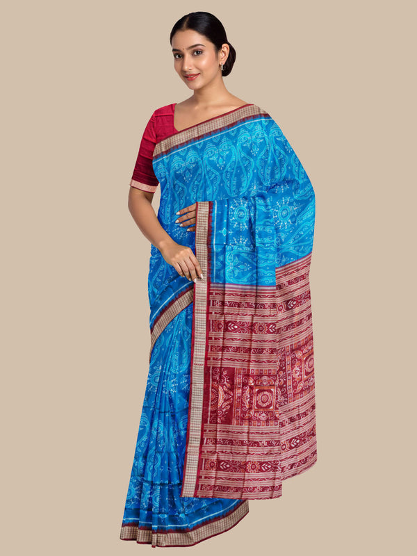 Sky Blue and Maroon Pure Sambalpuri Silk Handloom Saree