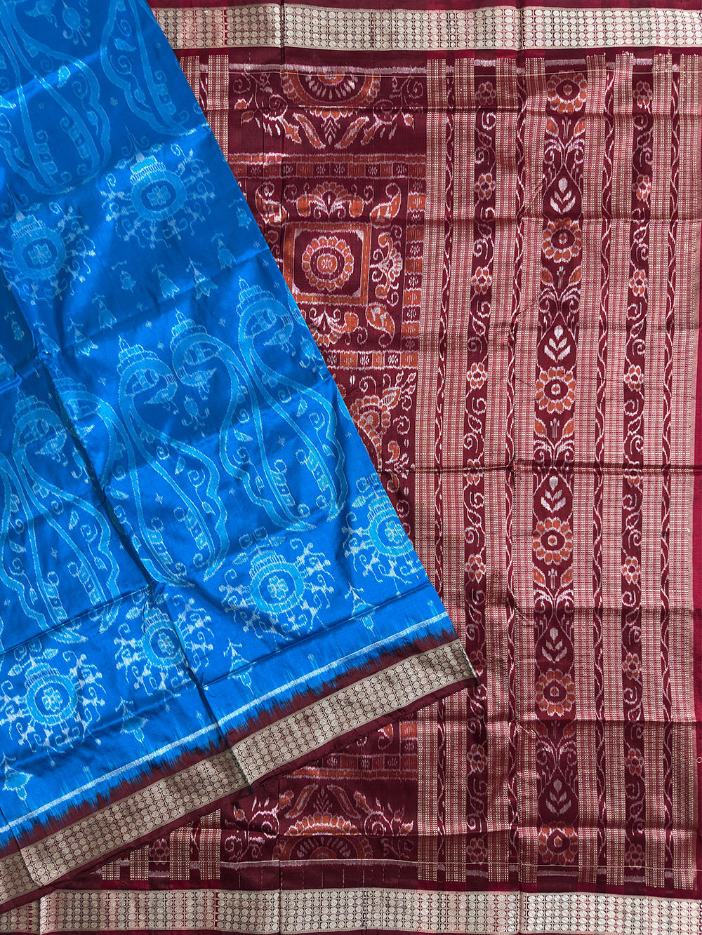 Sky Blue and Maroon Pure Sambalpuri Silk Handloom Saree