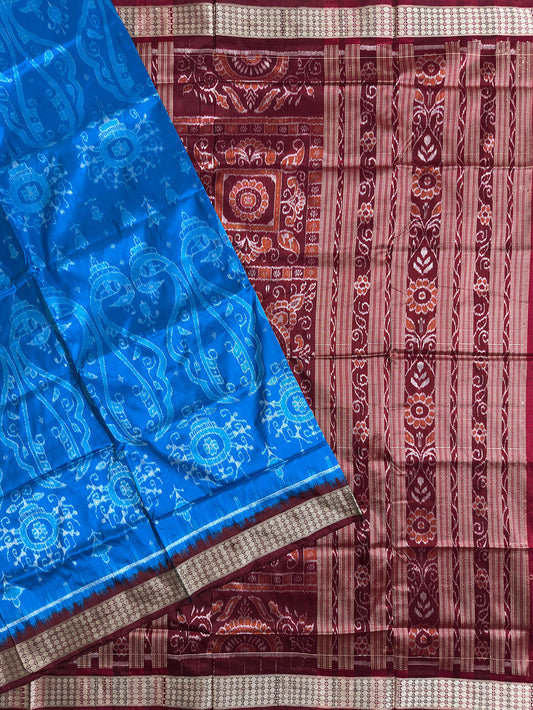 Sky Blue and Maroon Pure Sambalpuri Silk Handloom Saree