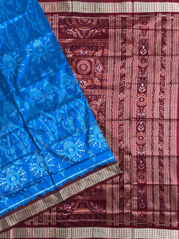 Sky Blue and Maroon Pure Sambalpuri Silk Handloom Saree