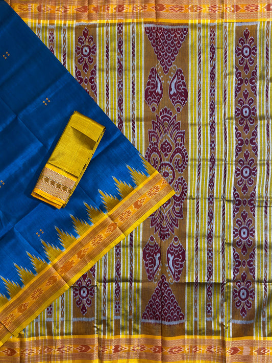 Sky Blue and Yellow Handloom Khandua Patta Saree
