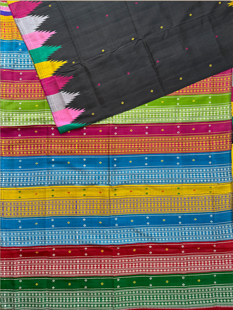 Slate Black Double Pallu Handloom Berhampuri Pure Silk Patta Saree