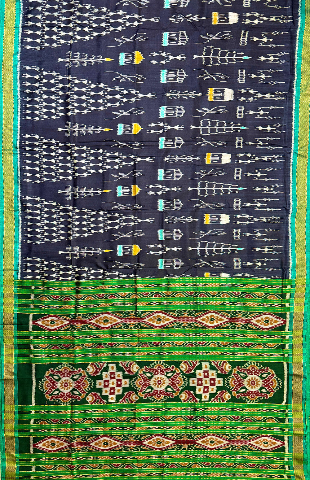 Slate Black and Green Pure Silk Handloom Khandua Patta Saree