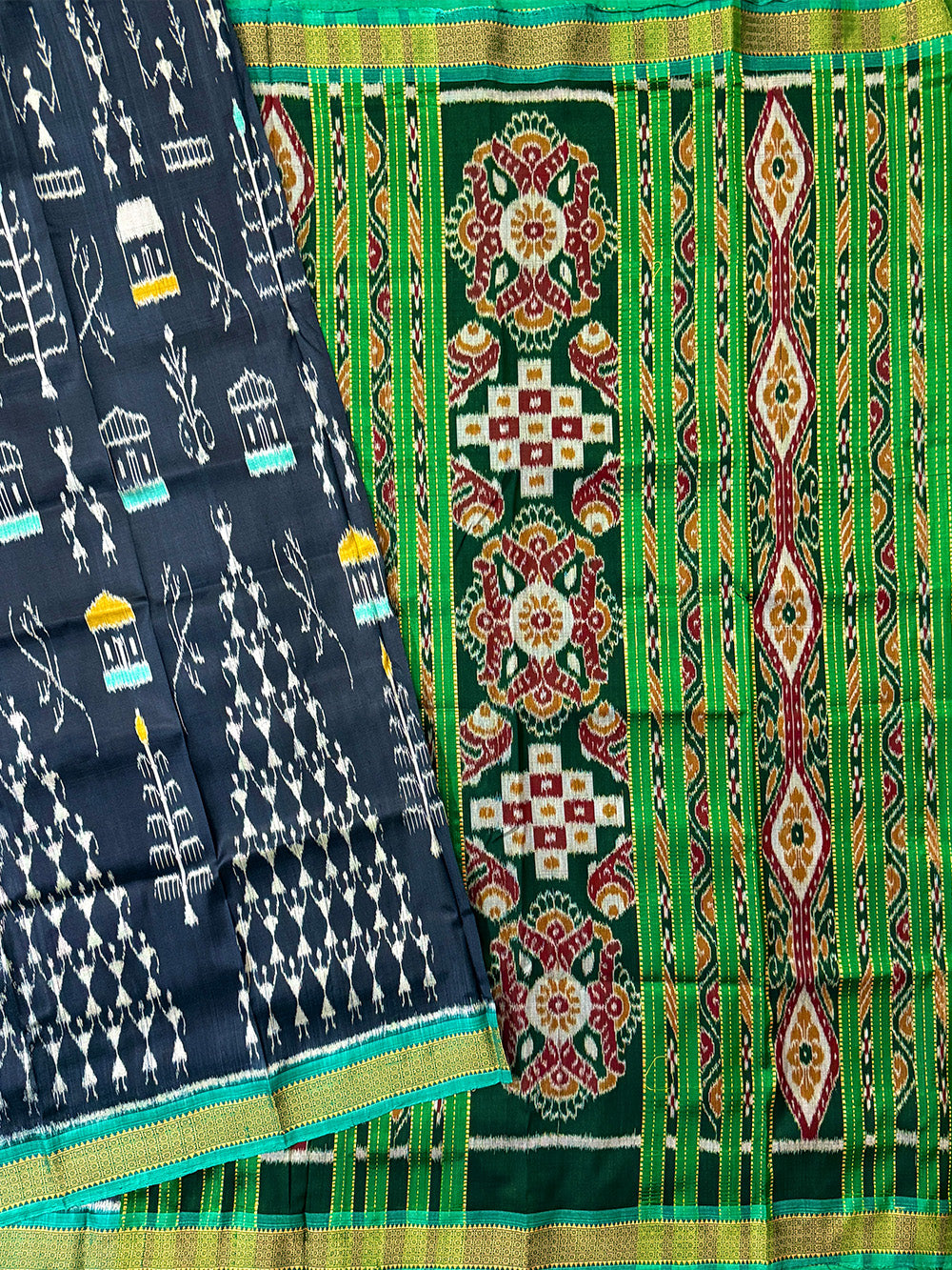 Slate Black and Green Pure Silk Handloom Khandua Patta Saree