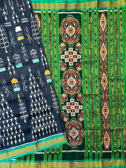 Slate Black and Green Pure Silk Handloom Khandua Patta Saree