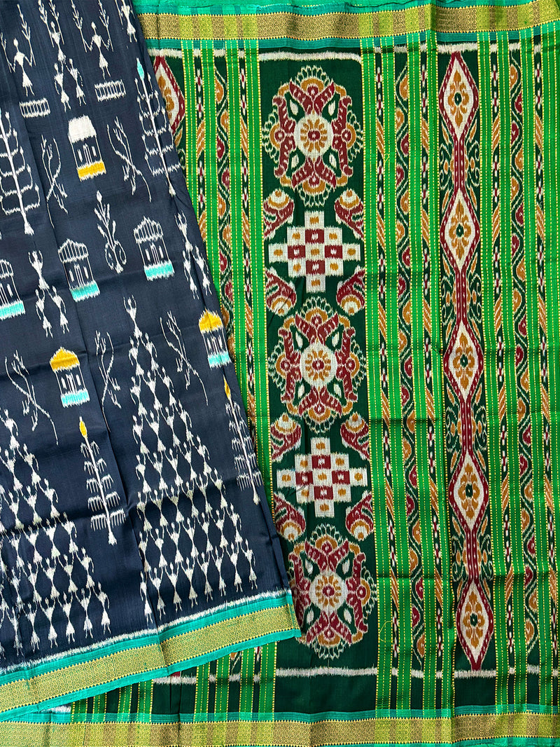 Slate Black and Green Pure Silk Handloom Khandua Patta Saree
