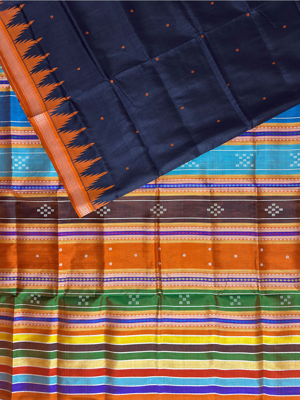 Slate Black and Orange Double Pallu Handloom Berhampuri Pure Silk Patta Saree