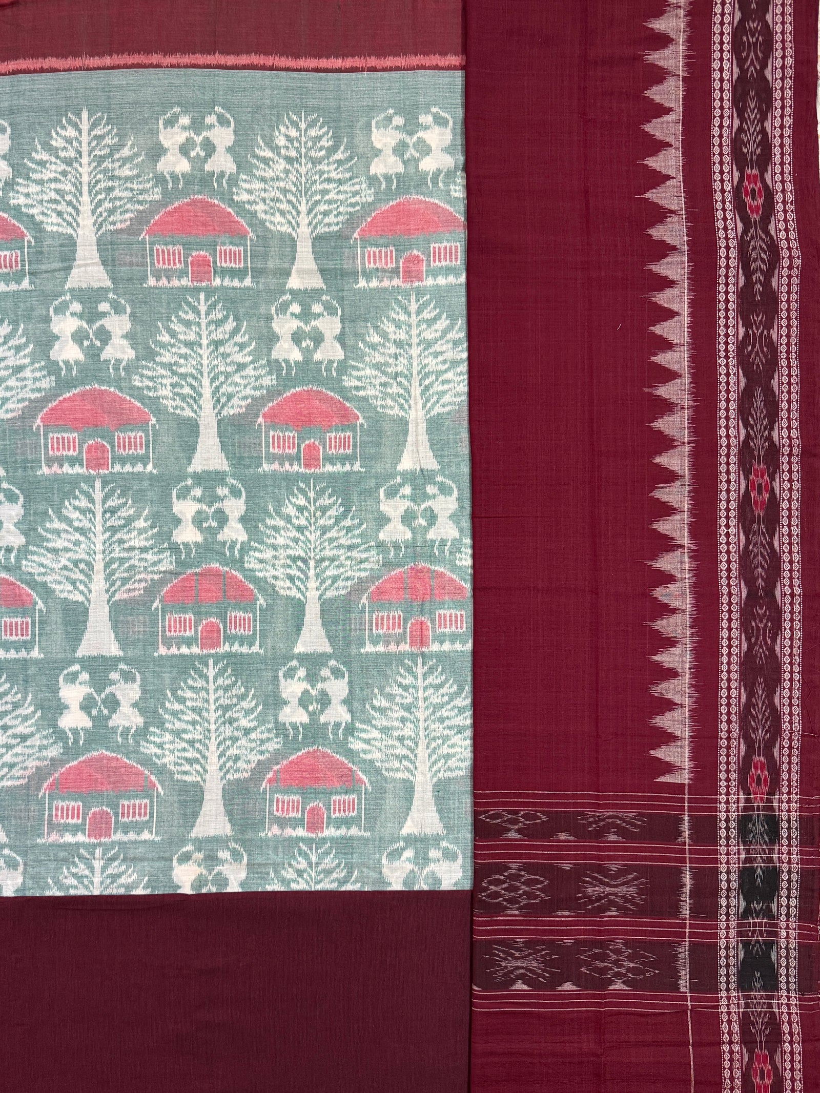 Slate Green and Maroon Sambalpuri Handloom Cotton Dress Material with Tribal Motifs