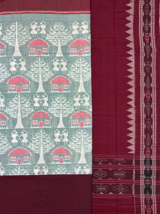 Slate Green and Maroon Sambalpuri Handloom Cotton Dress Material with Tribal Motifs
