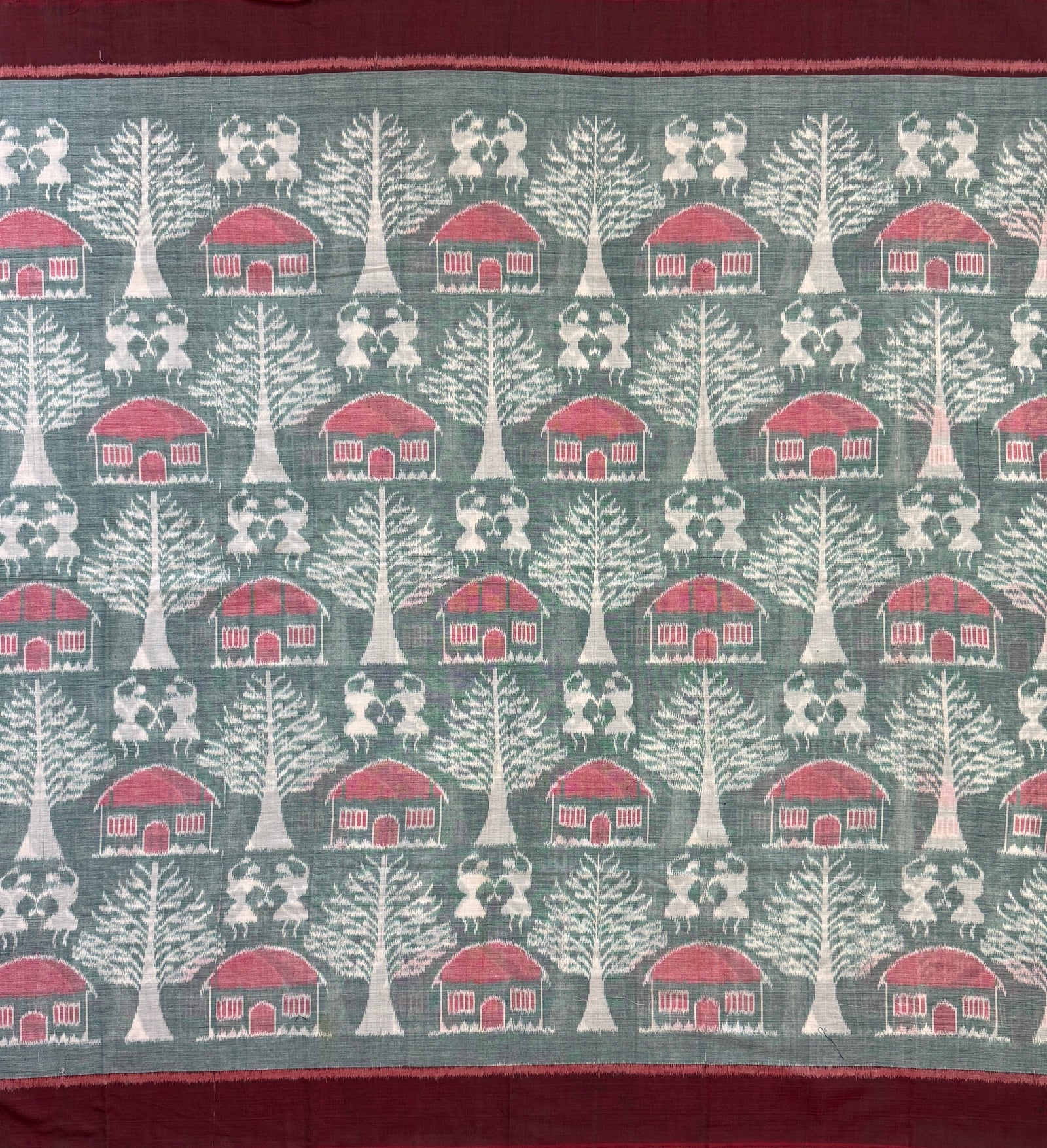 Slate Green and Maroon Sambalpuri Handloom Cotton Dress Material with Tribal Motifs