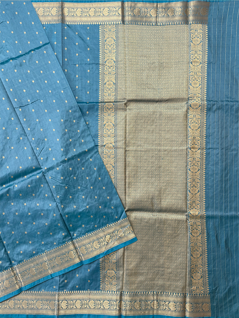 Steel Blue Pure Katan Silk Banarasi Handloom Saree with All Over Kadua Motifs