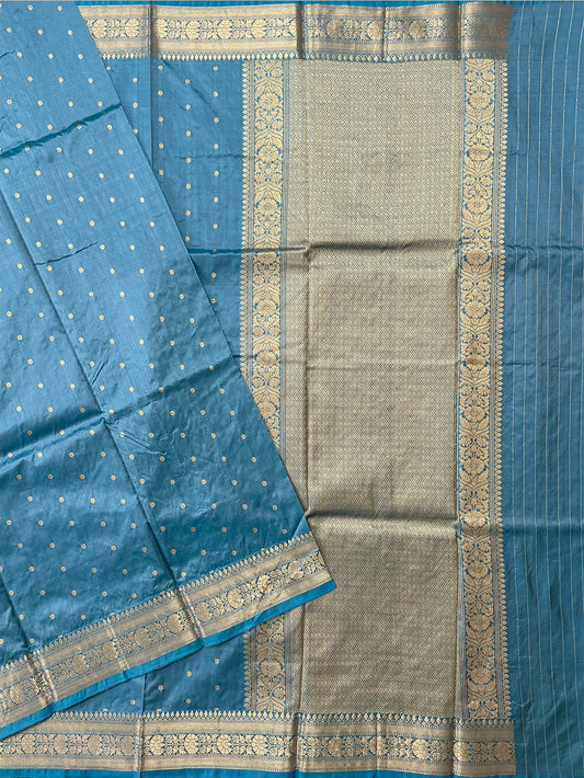 Steel Blue Pure Katan Silk Banarasi Handloom Saree with All Over Kadua Motifs