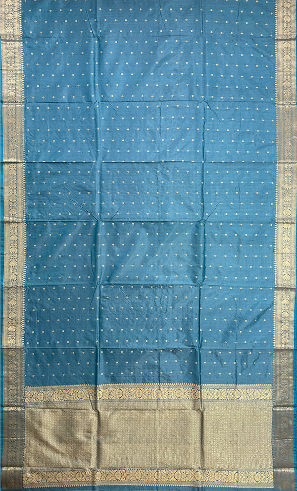 Steel Blue Pure Katan Silk Banarasi Handloom Saree with All Over Kadua Motifs
