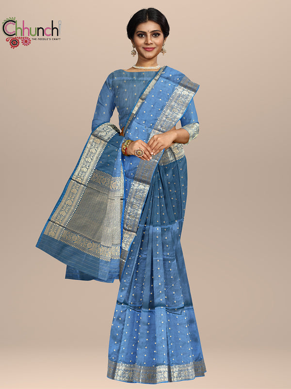 Steel Blue Pure Katan Silk Banarasi Handloom Saree with All Over Kadua Motifs