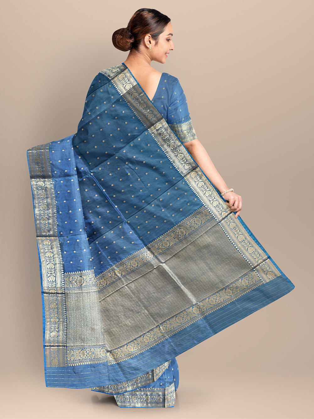 Steel Blue Pure Katan Silk Banarasi Handloom Saree with All Over Kadua Motifs