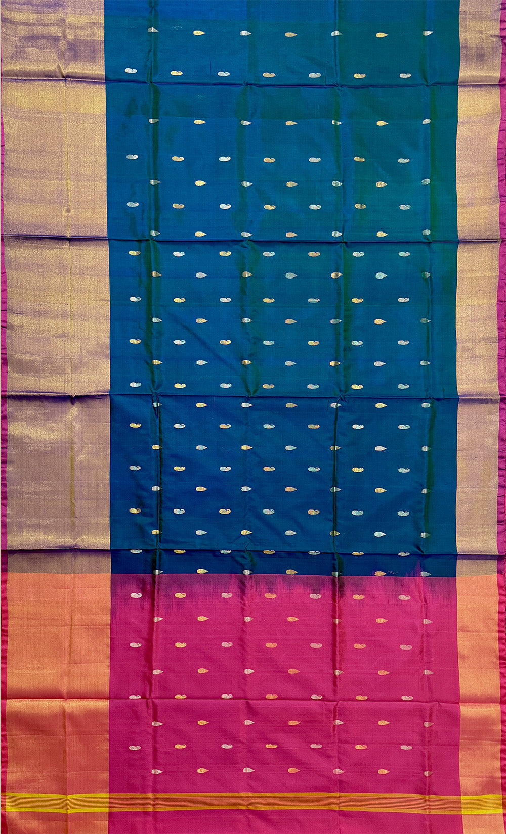 Teal Blue and Pink Pure Silk Uppada Handloom Saree with Buttas and Broad Border
