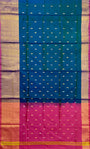 Teal Blue and Pink Pure Silk Uppada Handloom Saree with Buttas and Broad Border